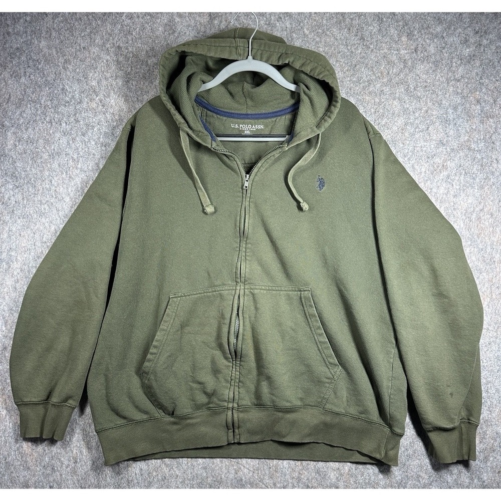 U.S. Polo Assn Full Zip Hoodie 2XL Green Sweatshirt Drawstring‎ Hood Logo Casual